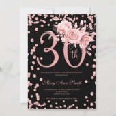Invitation 30e anniversaire Rose Gold Floral & Confetti Noir (Devant)