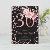 Invitation 30e anniversaire Rose Gold Floral & Confetti Noir (Debout devant)