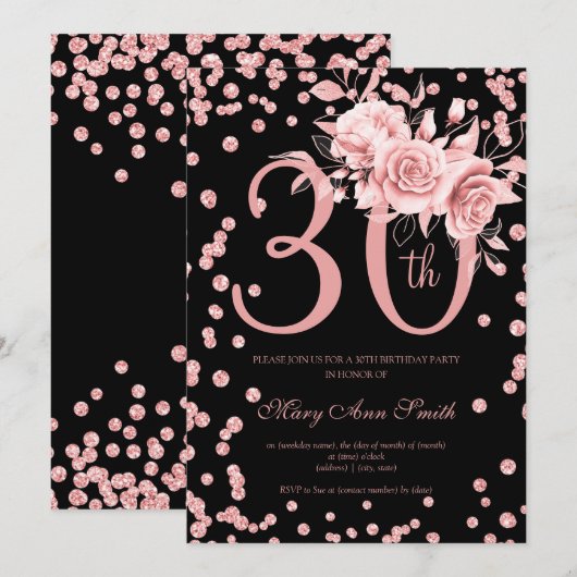 Invitation 30e anniversaire Rose Gold Floral & Confetti Noir (Devant / Derrière)