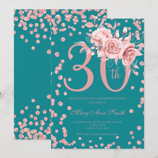 Invitation 30e anniversaire Rose Gold Floral & Confetti Turqu (Devant / Derrière)