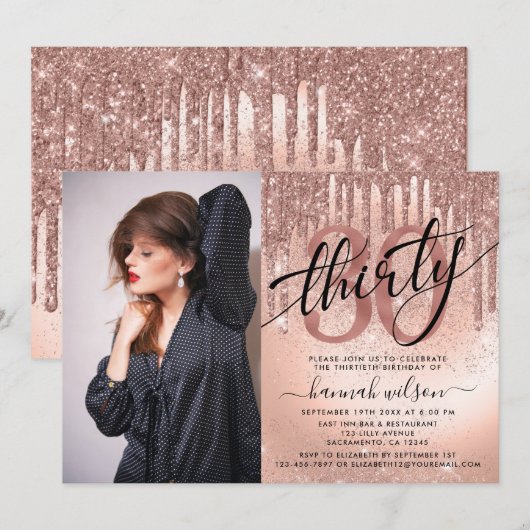 Invitation 30e anniversaire Rose Gold Foil & Parties scintill (Devant / Derrière)
