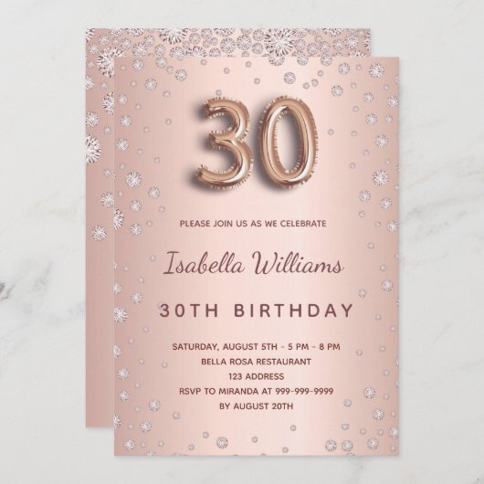 Invitation 30e anniversaire rose or diamants script glamour (Devant / Derrière)