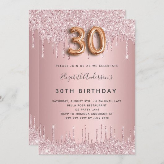Invitation 30e anniversaire rose poussiéreux parties scintill (Devant / Derrière)