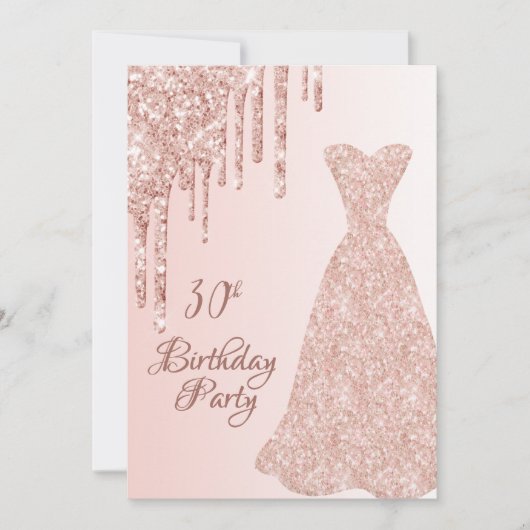 Invitation 30e anniversaire rose robe d'or parties scintillan (Devant)