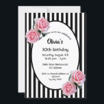 Invitation 30e anniversaire rose roses noir blanc rayures<br><div class="desc">Classic mince bandes verticales noir et blanc comme arrière - plan. Avec des roses roses comme décoration. Un cadre ovale avec des modèles pour vos informations de fête. Une invitation à la fête du 30e anniversaire,  féminine et élégante.</div>