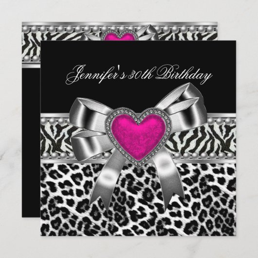 Invitation 30e anniversaire rose Zebra Black Leopard (Devant / Derrière)