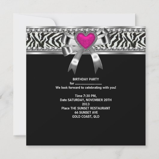 Invitation 30e anniversaire rose Zebra Black Leopard (Dos)