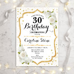 Invitation 30e anniversaire - Roses blanches d'or<br><div class="desc">Elégante 30e Invitation anniversaire. Design élégant,  blanc et or. Il présente des roses blanches,  des motifs damassés et des confettis de parties scintillant faux. Parfait pour un glam toute fête d'anniversaire blanche. Peut être customisé pour montrer n'importe quel âge. Message-moi si vous avez besoin d'une personnalisation plus poussée.</div>
