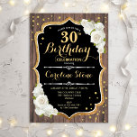 Invitation 30e anniversaire - Roses blanches en bois rustique<br><div class="desc">Rustic 30th Birthday Invitation. Design élégant avec motif en bois brun foncé,  roses blanches et or parties scintillant faux. Comprend une police de script et des confettis. Parfait pour une fête d'anniversaire élégante. Customisez avec vos propres détails.</div>
