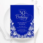 Invitation 30e Anniversaire Roses Bleu Royal Argent<br><div class="desc">Invitation d'anniversaire 30 ans bleu royal argent élégante. Design classe avec des roses, feuille d'argent faux et police de caractères script. Carte d'invitation tendance parfaite pour une célébration d'anniversaire féminine stylée. Personnalisez avec vos propres détails. Peut être personnalisé pour n'importe quel âge. Cartes d'invitation Zazzle imprimées ou modèle de template...</div>