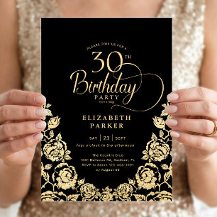 Invitation 30e Anniversaire Roses Noir Or