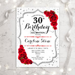 Invitation 30e anniversaire - Roses rouges blanches argentées<br><div class="desc">Elégante 30e Invitation anniversaire. Design élégant,  blanc,  argent et rouge. Caractéristiques roses rouges,  motif damassé et faux parties scintillant en argent confetti. Parfait pour un glam toute fête d'anniversaire blanche. Peut être customisé pour montrer n'importe quel âge. Message-moi si vous avez besoin d'une personnalisation plus poussée.</div>