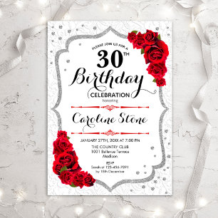 Invitation 30e anniversaire - Roses rouges blanches argentées