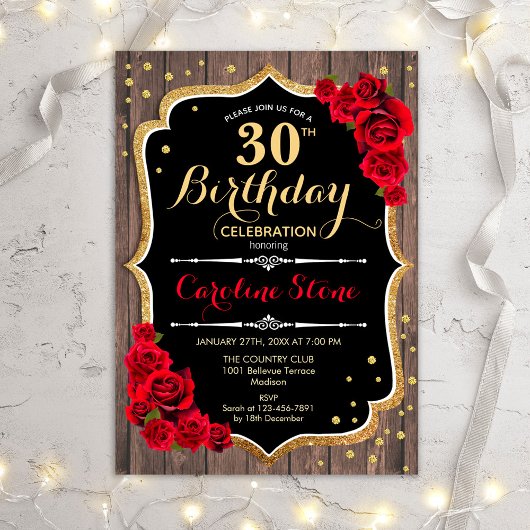 Invitation 30e anniversaire - Roses rouges bois