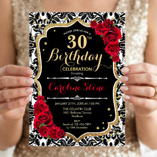 Invitation 30e Anniversaire - Roses Rouges Or Noir Damassé