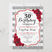 Invitation 30e anniversaire - Rouge argent blanc rayures Rose (Devant)
