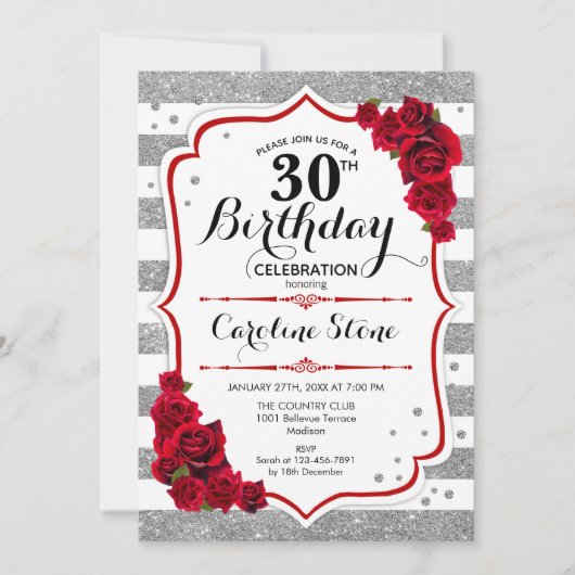 Invitation 30e anniversaire - Rouge argent blanc rayures Rose (Devant)