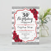 Invitation 30e anniversaire - Rouge argent blanc rayures Rose (Debout devant)