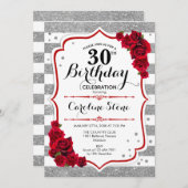 Invitation 30e anniversaire - Rouge argent blanc rayures Rose (Devant / Derrière)