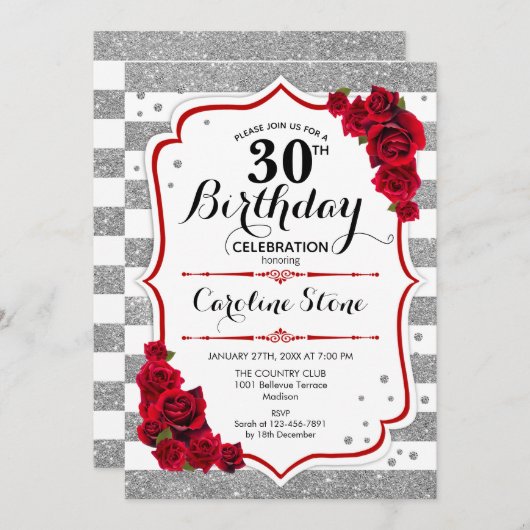 Invitation 30e anniversaire - Rouge argent blanc rayures Rose (Devant / Derrière)