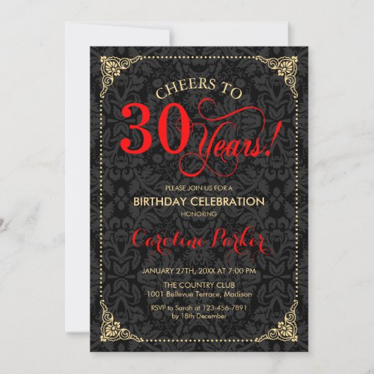 Invitation 30e anniversaire - Rouge Gold Black Damask (Devant)
