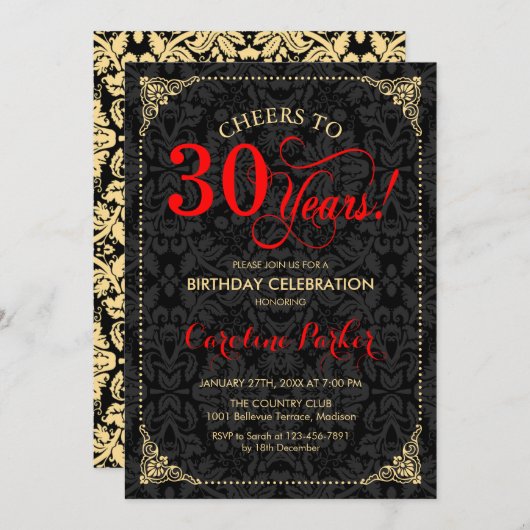 Invitation 30e anniversaire - Rouge Gold Black Damask (Devant / Derrière)