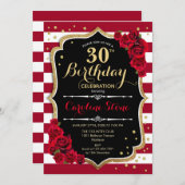 Invitation 30e anniversaire - Rouge or noir blanc rayures Ros (Devant / Derrière)