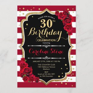 Invitation 30e anniversaire - Rouge or noir blanc rayures Ros