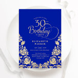 Invitation 30e anniversaire Royal Blue Gold Roses<br><div class="desc">Royal bleu or élégante 30e anniversaire invitation fête. Design classique avec rose, faux feuille d'or et police de script de typographie. Carte invitation tendance parfaite pour une célébration anniversaire élégante. Personnalisez avec vos propres détails. Peut être customisé à n'importe quel âge. Invitations Zazzle imprimées ou téléchargement instantané modèle imprimable numérique....</div>