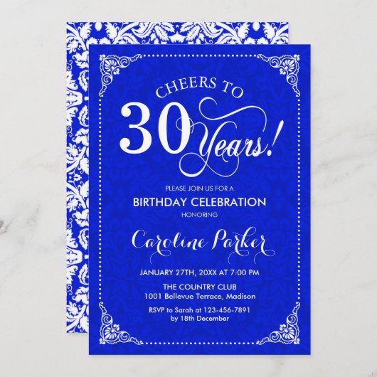 Invitation 30e anniversaire - Royal Blue White Damask (Devant / Derrière)