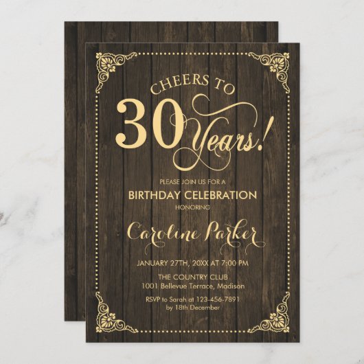 Invitation 30e anniversaire - Rustic Wood Gold (Devant / Derrière)