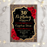 Invitation 30e anniversaire - Rustic Wood Red Roses<br><div class="desc">Rustic 30th Birthday Invitation. Design élégant avec motif en bois brun foncé,  roses rouges et or parties scintillant faux. Comprend une police de script et des confettis. Parfait pour une fête d'anniversaire élégante. Customisez avec vos propres détails.</div>