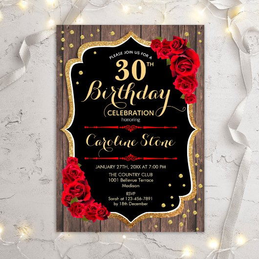 Invitation 30e anniversaire - Rustic Wood Red Roses