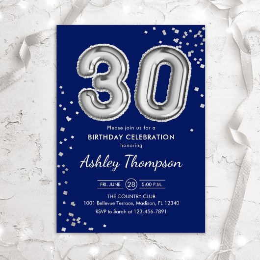 Invitation 30e anniversaire - Silver Balloons Navy