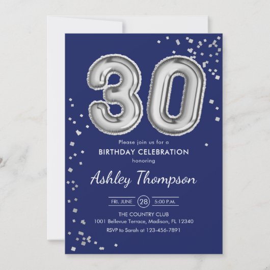 Invitation 30e anniversaire - Silver Balloons Navy (Devant)