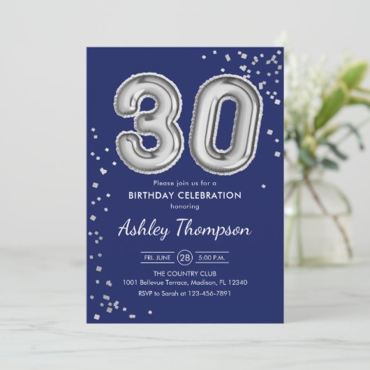 Invitation 30e anniversaire - Silver Balloons Navy (Debout devant)