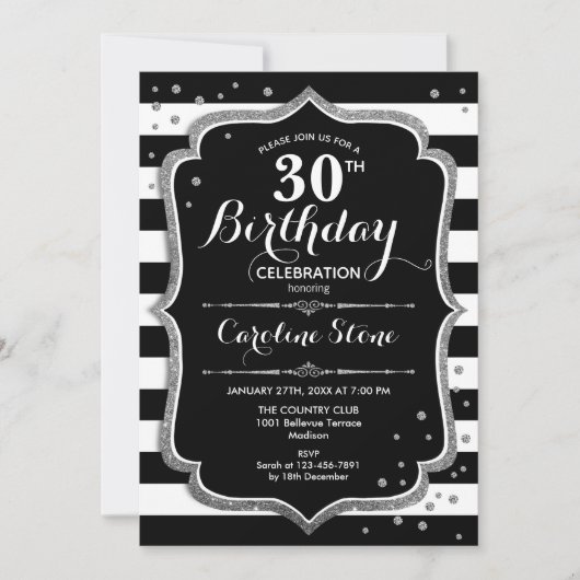 Invitation 30e anniversaire - Silver Black White Stripes (Devant)