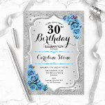 Invitation 30e anniversaire - Silver Stripes Icy Blue Roses<br><div class="desc">Invitation du 30e anniversaire. Design floral élégant en argent et bleu glacé. Comprend des bandes d'argent faux parties scintillant,  des polices de caractères et des confettis stylisés turquoise rose. Parfait pour une fête d'anniversaire glam.</div>