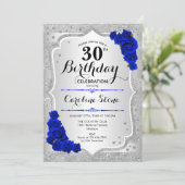 Invitation 30e anniversaire - Silver Stripes Royal Blue Roses (Debout devant)