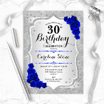 Invitation 30e anniversaire - Silver Stripes Royal Blue Roses<br><div class="desc">Invitation du 30e anniversaire. Design floral élégant en argent et bleu roi. Comprend des bandes d'argent faux parties scintillant,  saphir rose police de script et confetti. Parfait pour une fête d'anniversaire glam.</div>