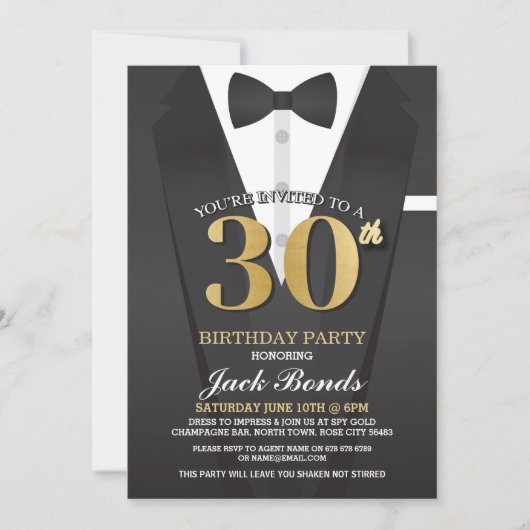 Invitation 30e Anniversaire Spy Suit Black cravate Gold Invit (Devant)