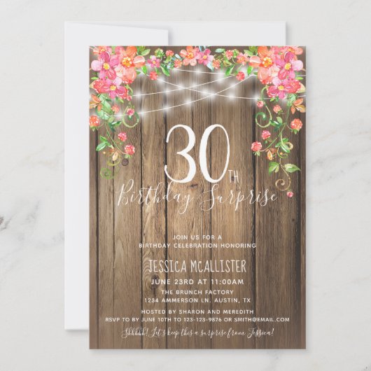 Invitation 30e anniversaire Surprise Brunch Rustique Floral B (Devant)