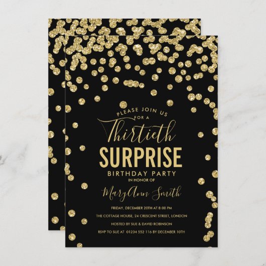 Invitation 30e anniversaire surprise Gold Black (Devant / Derrière)