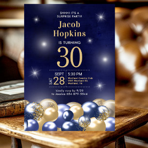 Invitation 30e anniversaire Surprise Marine Blue Gold Ballons
