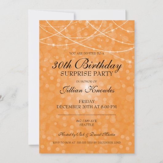 Invitation 30e anniversaire Surprise Party Orange String Lumi (Devant)