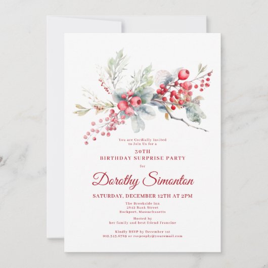 Invitation 30e anniversaire Surprise Party Verdure Berry Roug (Devant)