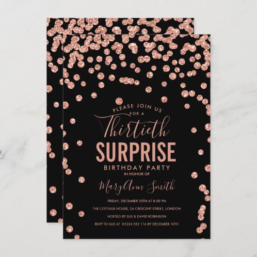 Invitation 30e Anniversaire Surprise Rose Gold Noir (Devant / Derrière)