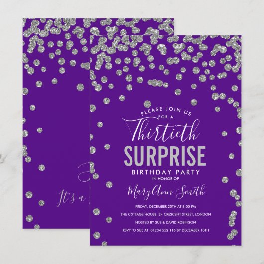 Invitation 30e anniversaire surprise Silver Purple (Devant / Derrière)