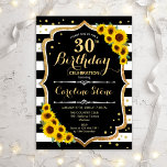 Invitation 30e anniversaire - Tournesols noirs blancs rayures<br><div class="desc">Rustic 30th Birthday Invitation. Design élégant avec rayures noires et blanches,  tournesols et faux or parties scintillant. Comprend des polices de caractères et des confettis stylisés. Parfait pour une soirée d'anniversaire élégante. Customisez avec vos propres détails.</div>