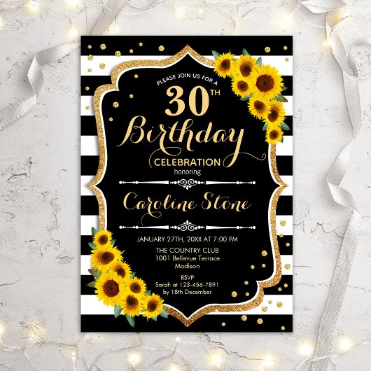 Invitation 30e anniversaire - Tournesols noirs blancs rayures